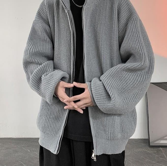 カーディガン メンズ ゆったりシルエット リブ編みジップアップカーディガン