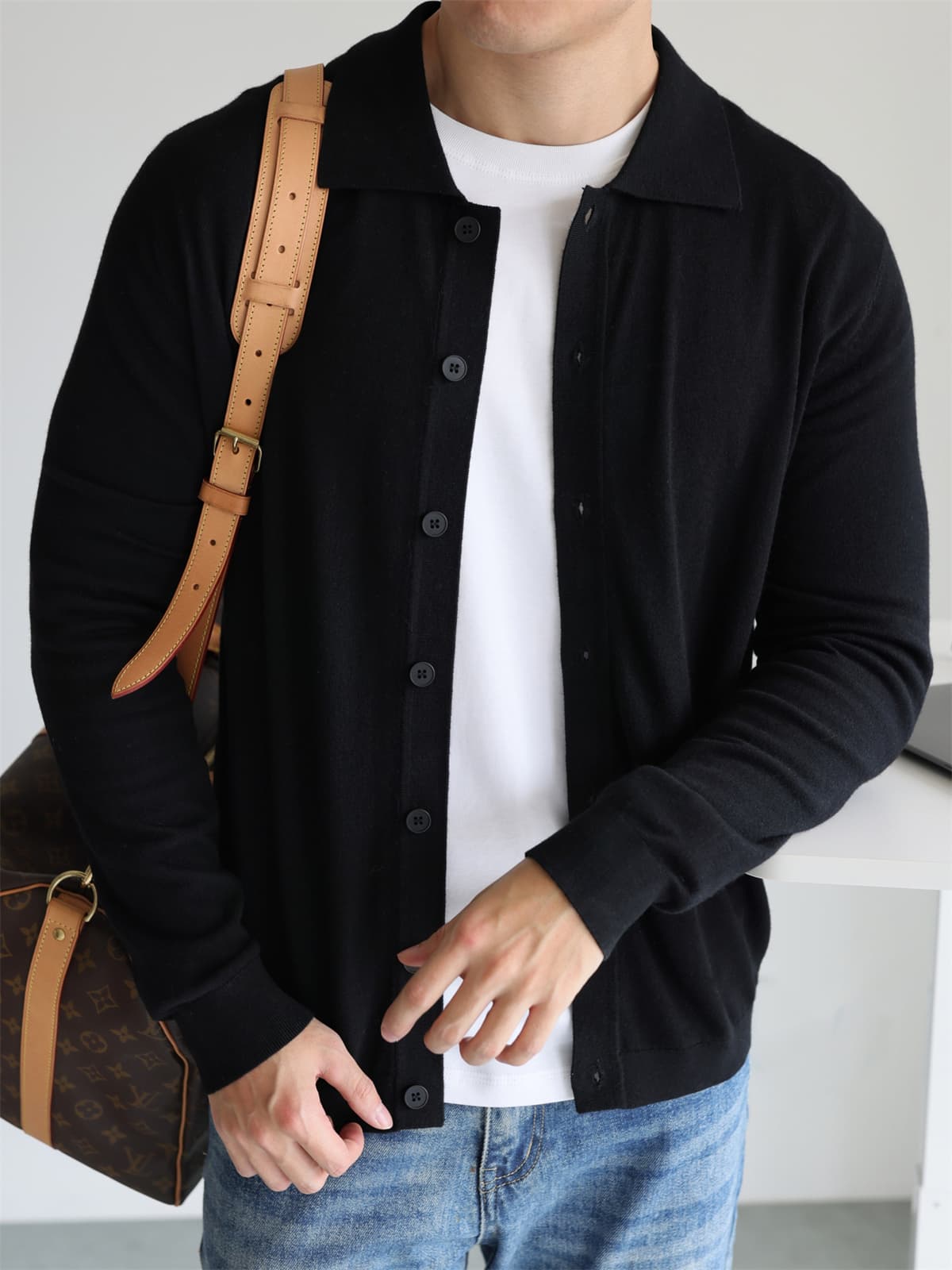 カーディガン メンズ 上質シルエット襟付きニットカーディガン