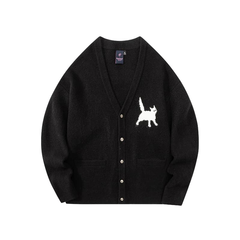 カーディガン メンズ 猫シルエット刺繍入りゆったりカーディガン