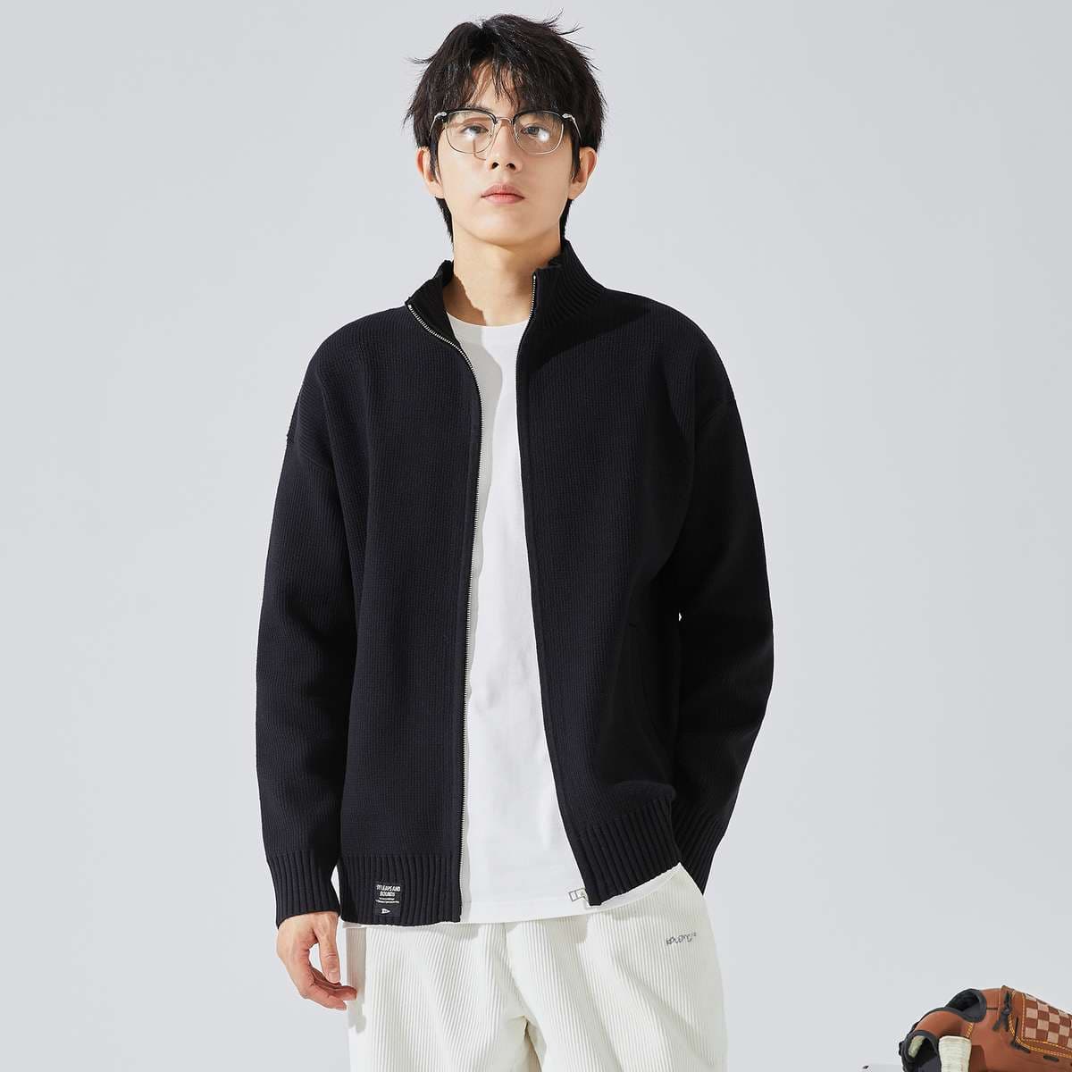 カーディガン メンズ シンプルリブ編みジップカーディガン