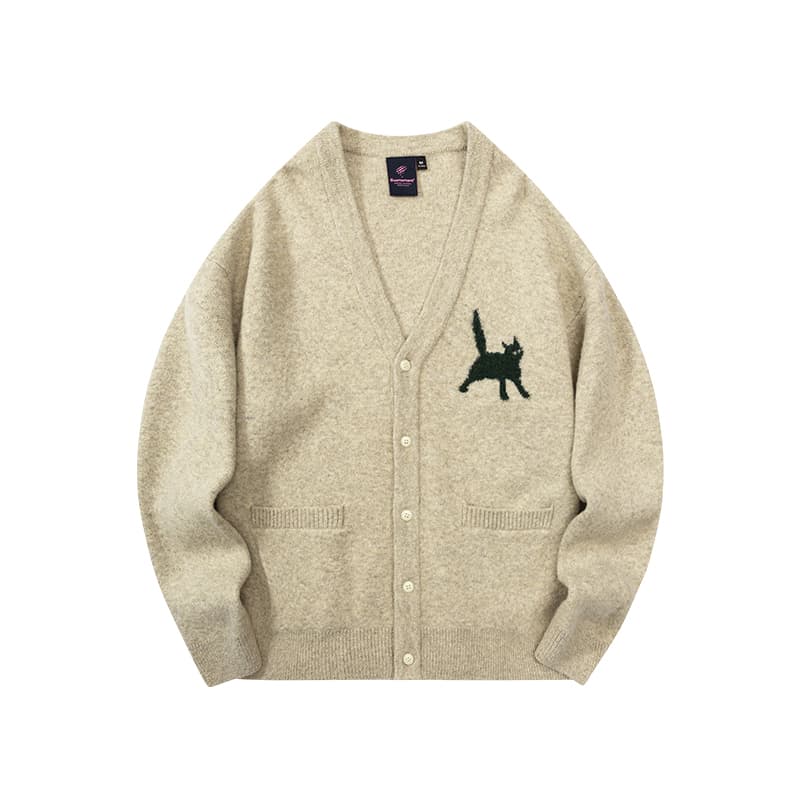 カーディガン メンズ 猫シルエット刺繍入りゆったりカーディガン