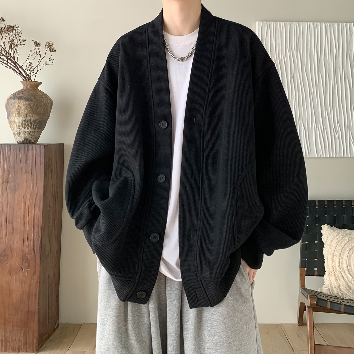 カーディガン メンズ 男性用黒色リブ編みオーバーサイズカーディガン