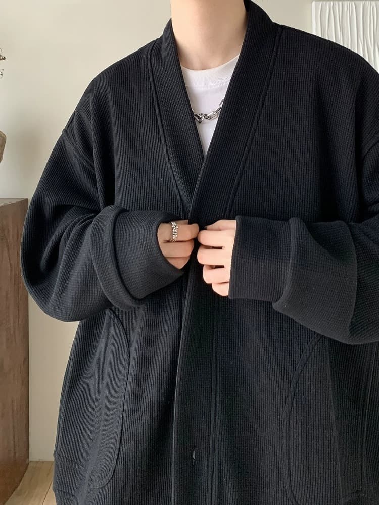 カーディガン メンズ 男性用黒色リブ編みオーバーサイズカーディガン
