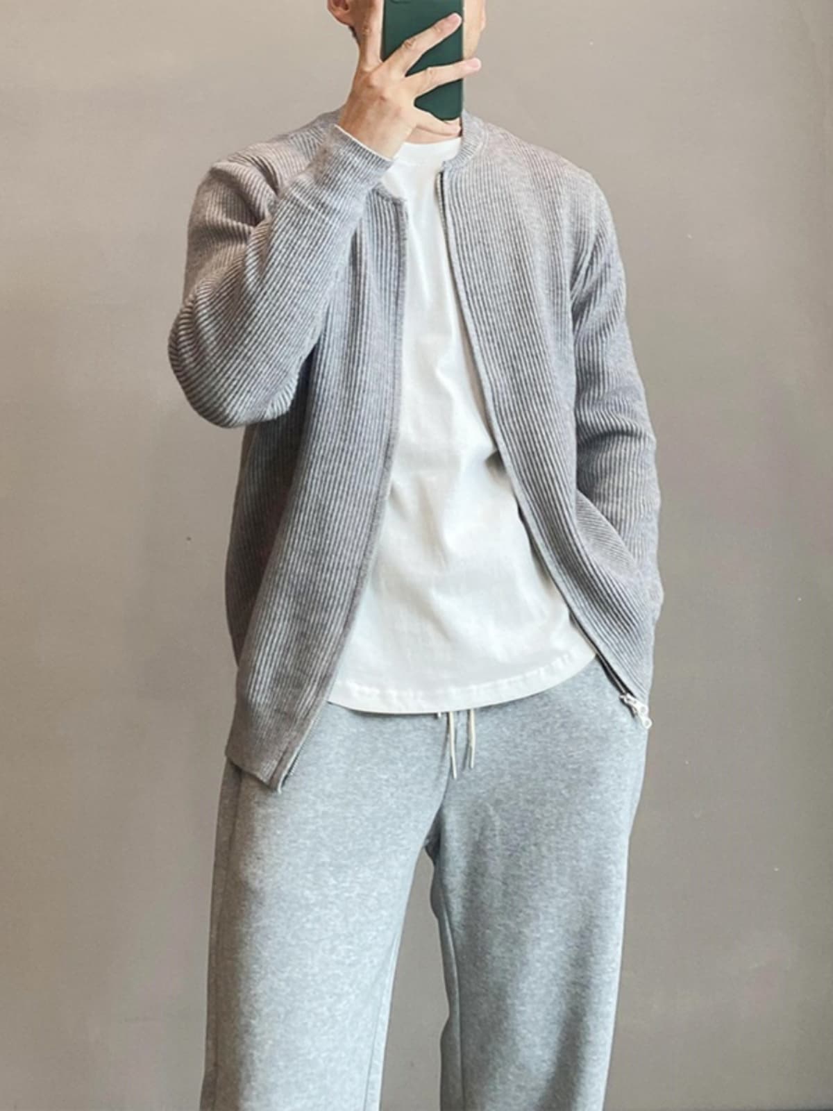 カーディガン メンズ リブ編み立体ジップアップカーディガン