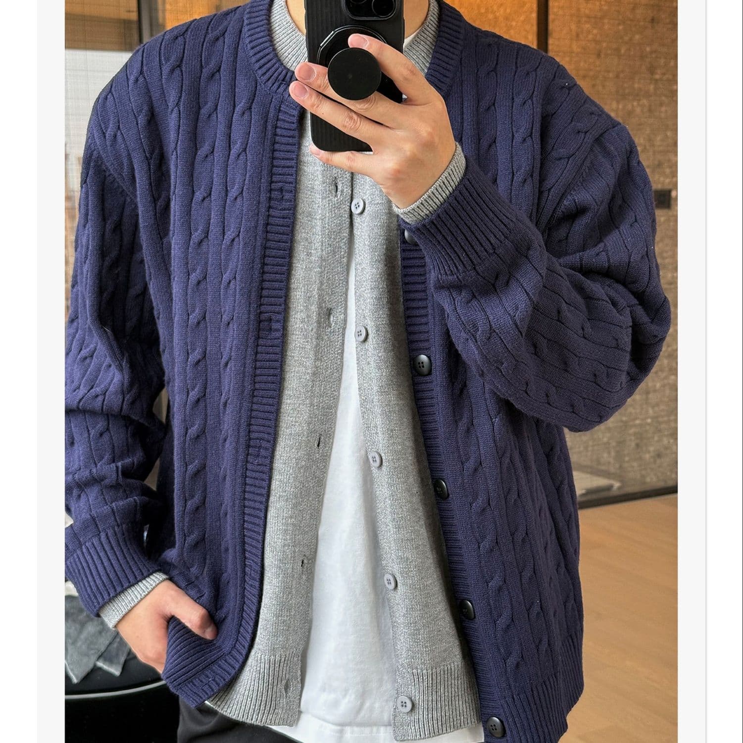 カーディガン メンズ 重ね着風ケーブル編みカーディガン