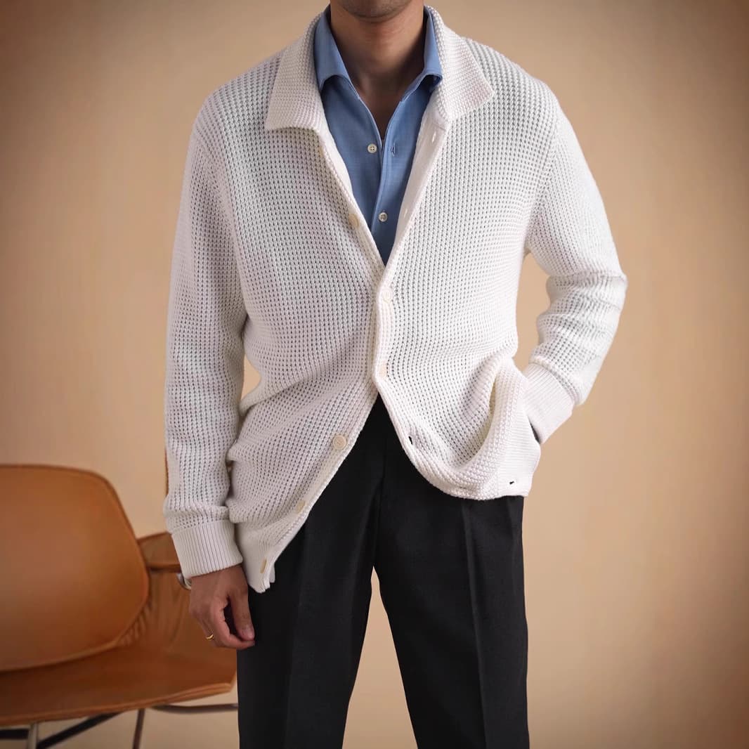カーディガン メンズ クラシック襟付きニットカーディガン