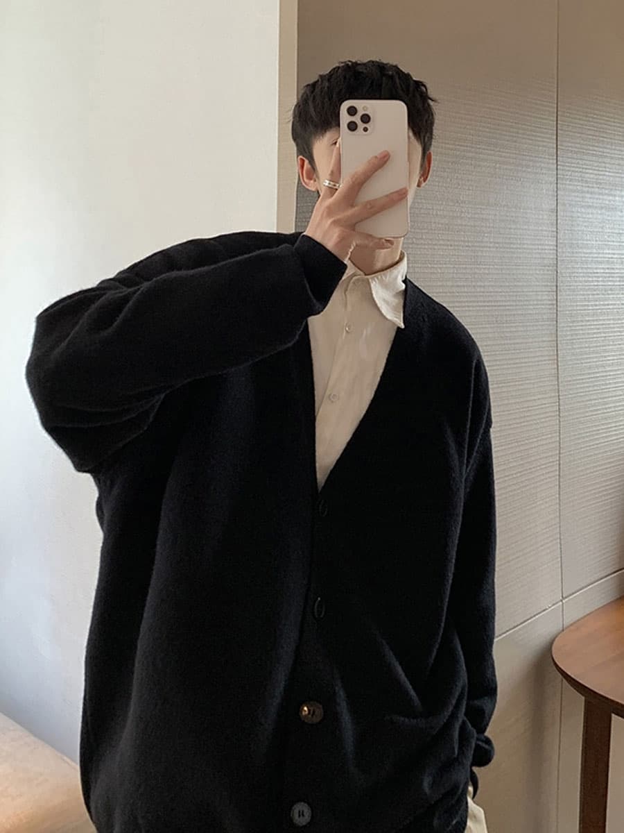 カーディガン メンズ シンプル深Vネックカーディガン