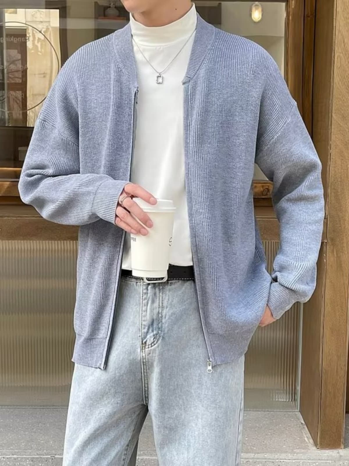 カーディガン メンズ 快適リブ編みジップアップカーディガン