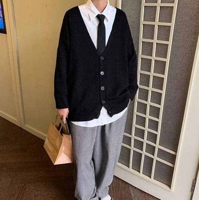 カーディガン メンズ 紺色ゆったり学院風ニットカーディガン