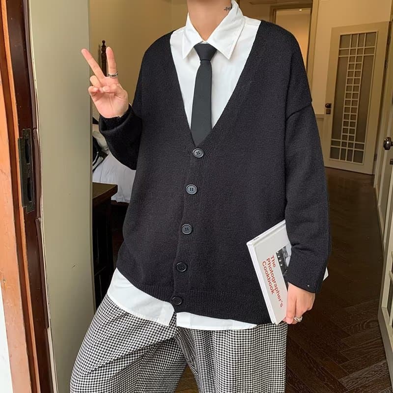 カーディガン メンズ 紺色ゆったり学院風ニットカーディガン
