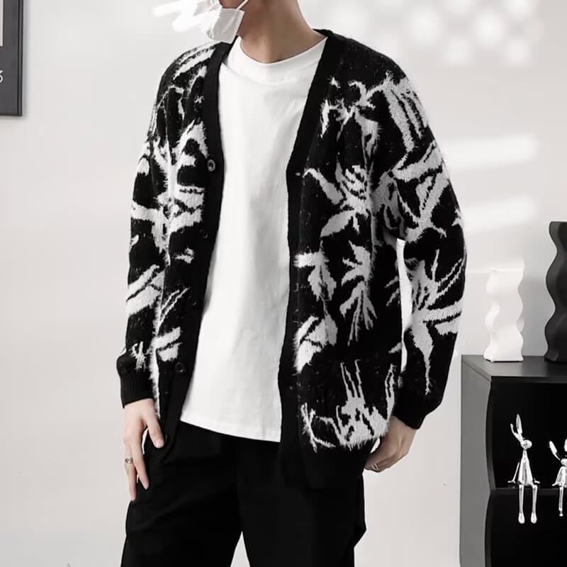 黒白花柄ニットカーディガン メンズ