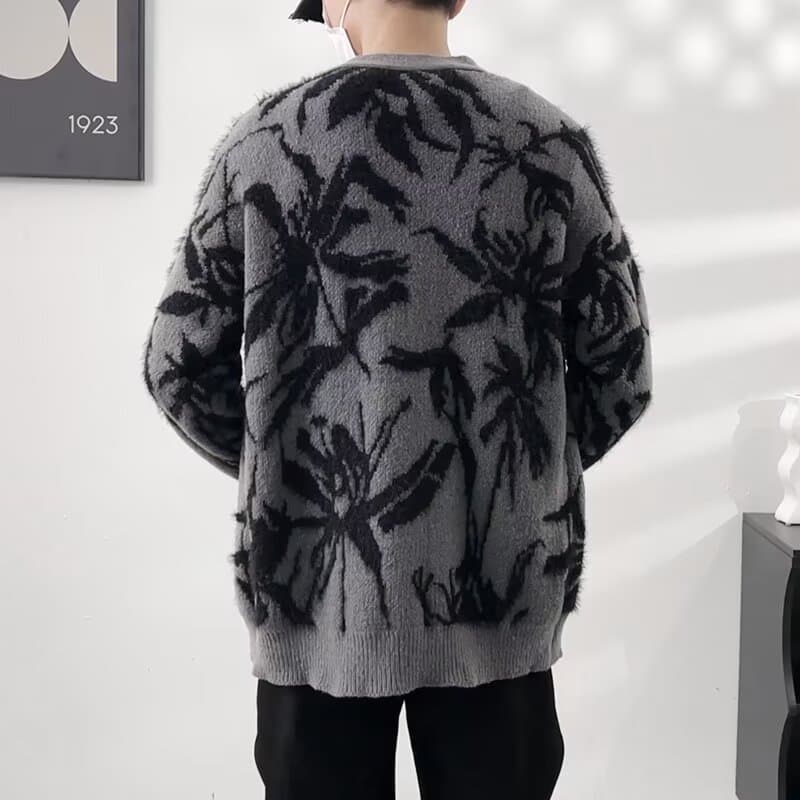 黒白花柄ニットカーディガン メンズ