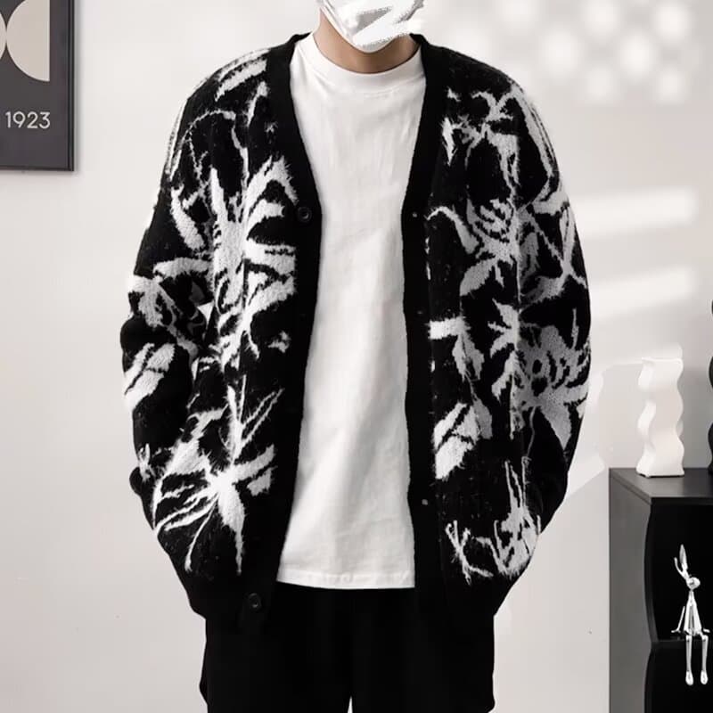 黒白花柄ニットカーディガン メンズ