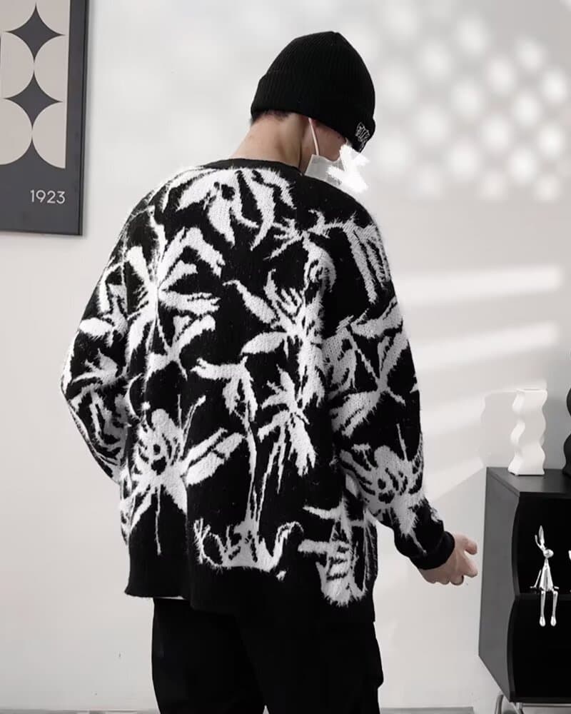 黒白花柄ニットカーディガン メンズ