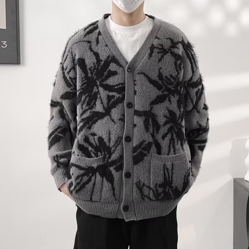 黒白花柄ニットカーディガン メンズ